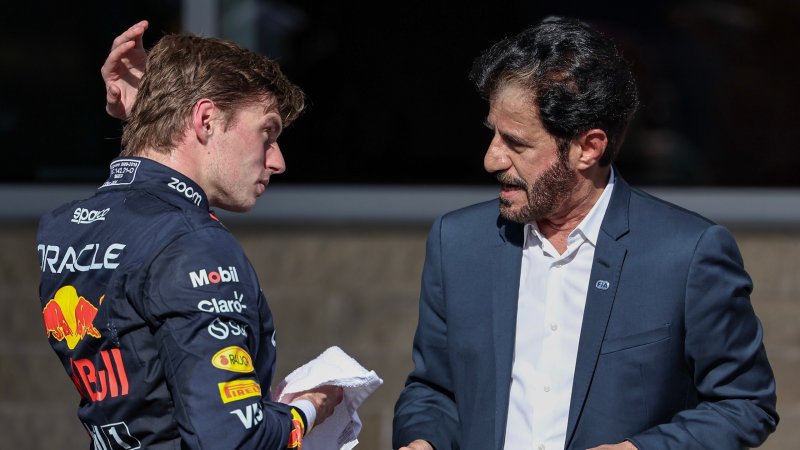 Red Bull's Max Verstappen talks with FIA President Mohammed Ben Sulayem after the 2024 United States Grand Prix.