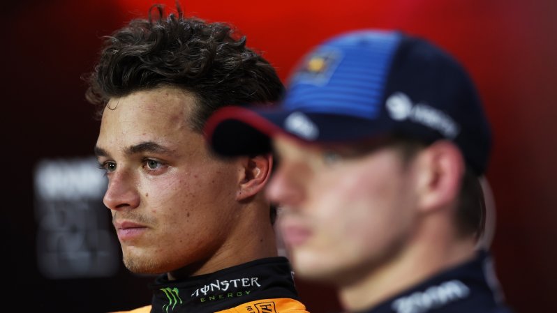SAO PAULO, BRAZIL - NOVEMBER 02: Sprint winner Lando Norris of Great Britain and McLaren and Third placed Max Verstappen of the Netherlands and Oracle Red Bull Racing, later demoted to 4th placed, attend the press conference after the Sprint ahead of the F1 Grand Prix of Brazil at Autodromo Jose Carlos Pace on November 02, 2024 in Sao Paulo, Brazil. (Photo by Lars Baron/Getty Images)