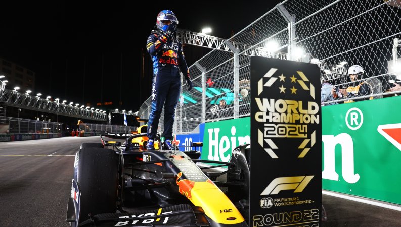 LAS VEGAS, NEVADA - NOVEMBER 23: 2024 F1 World Drivers Champion Max Verstappen of the Netherlands and Oracle Red Bull Racing celebrates in parc ferme during the F1 Grand Prix of Las Vegas at Las Vegas Strip Circuit on November 23, 2024 in Las Vegas, Nevada. (Photo by Mark Thompson/Getty Images)