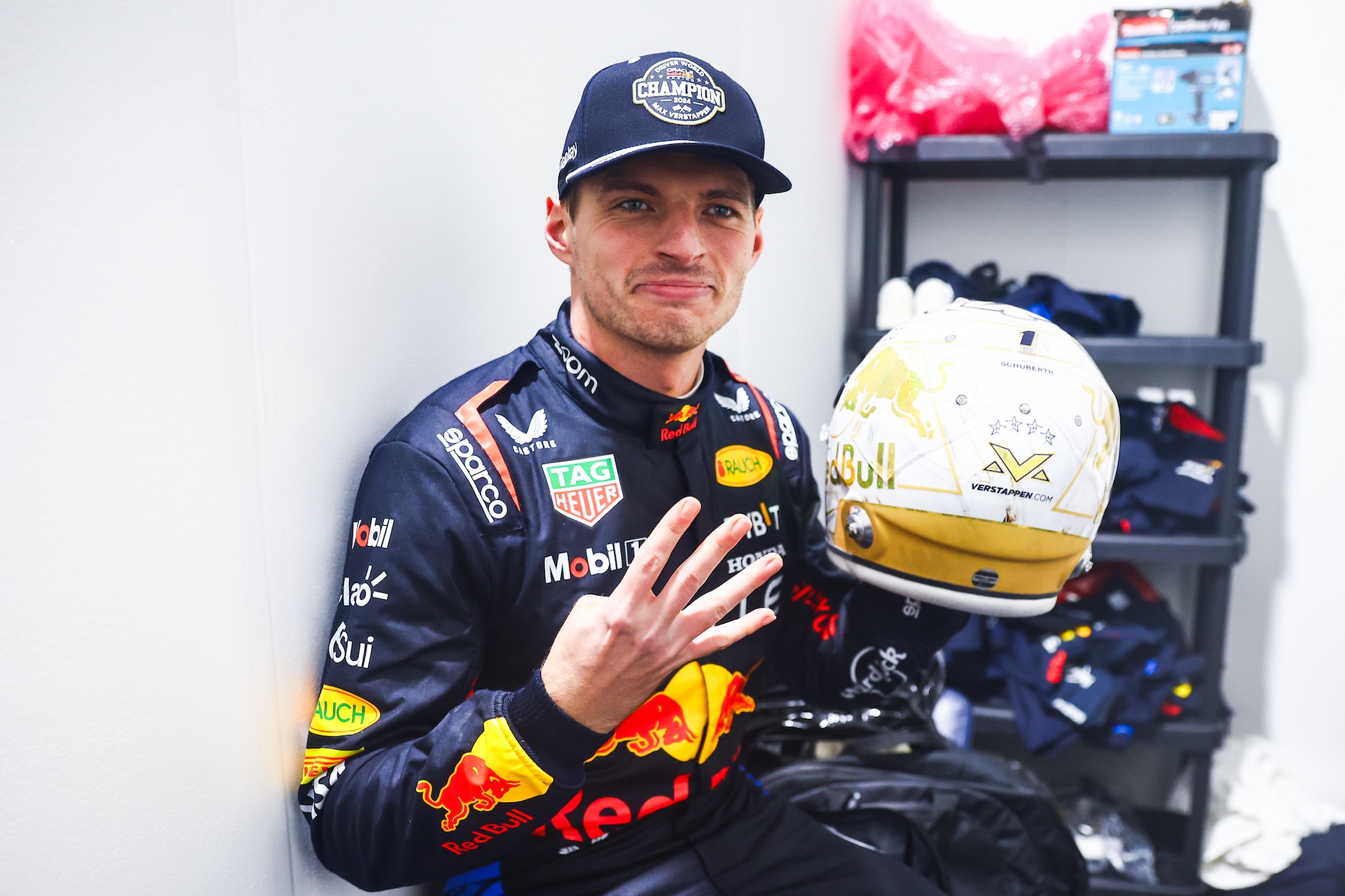 LAS VEGAS, NEVADA - NOVEMBER 23: 2024 F1 World Drivers Champion Max Verstappen of the Netherlands and Oracle Red Bull Racing celebrates after the F1 Grand Prix of Las Vegas at Las Vegas Strip Circuit on November 23, 2024 in Las Vegas, Nevada. (Photo by Mark Thompson/Getty Images)