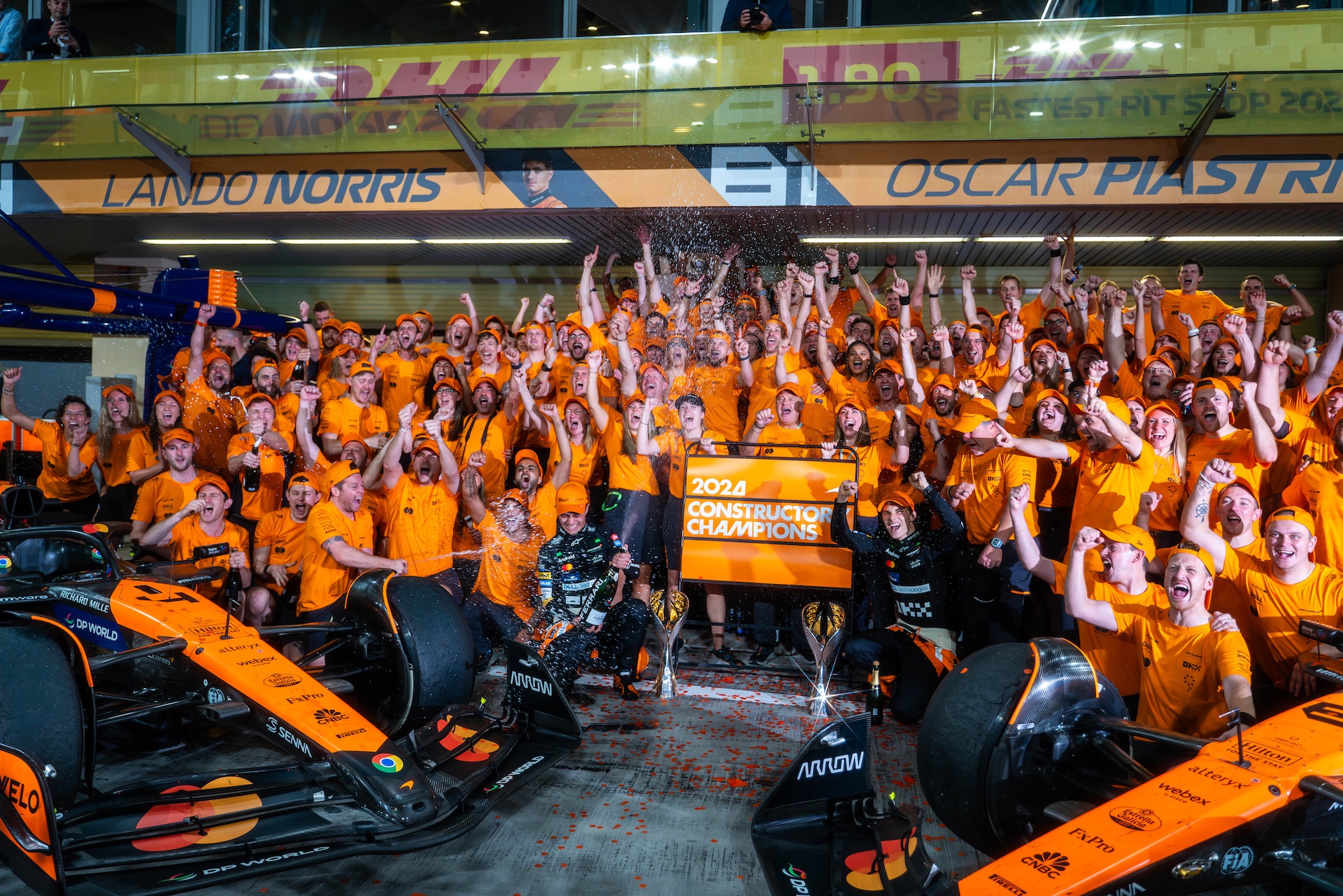 ABU DHABI, UNITED ARAB EMIRATES - 2024/12/08: McLaren F1 Team's celebration of the win at the Formula One Abu Dhabi Grand Prix at the Yas Marina Circuit. (Photo by Luca Martini/SOPA Images/LightRocket via Getty Images)