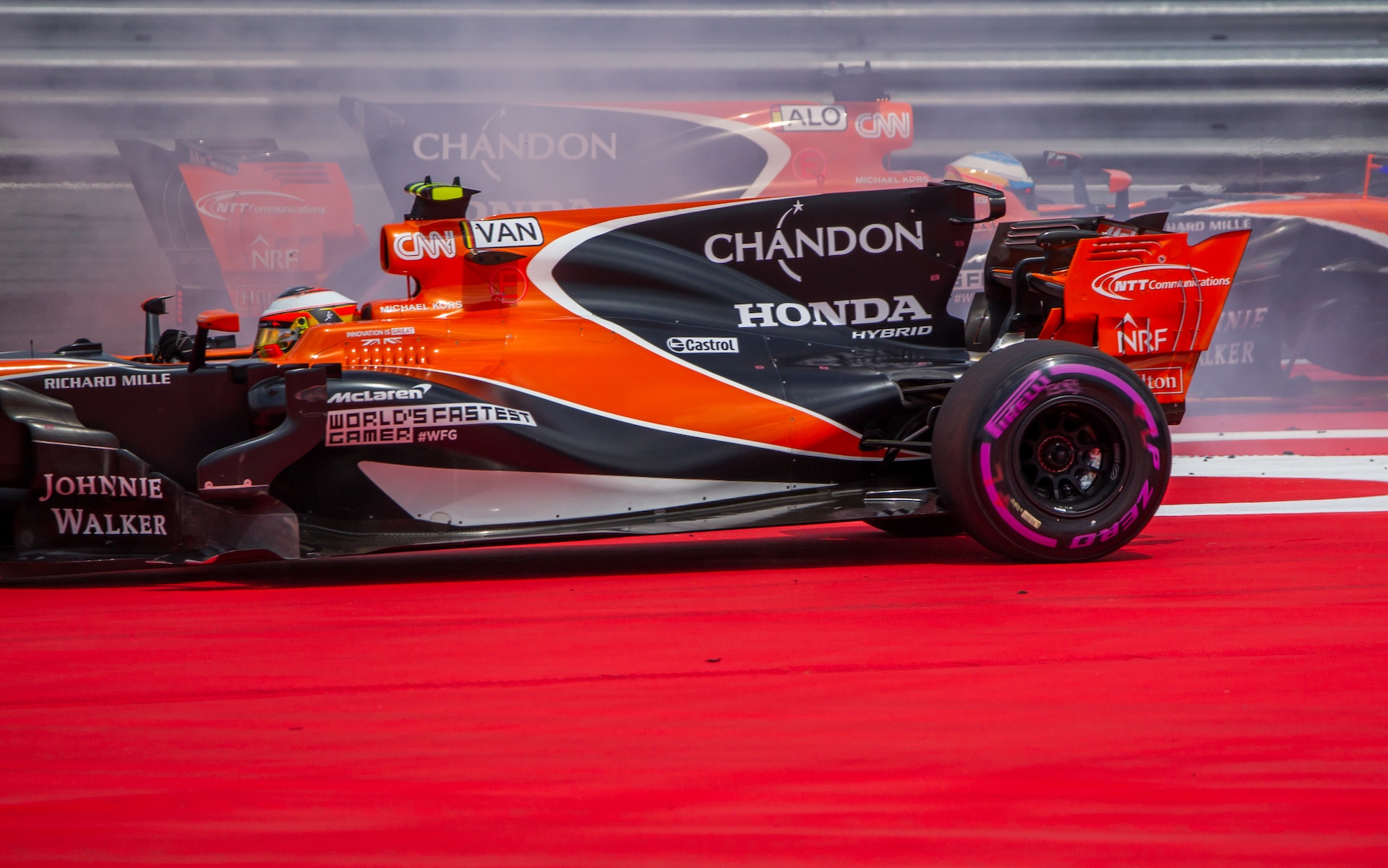 The two McLaren drivers Fernando Alonso and Stoffel Vandoorne in action during the race at Austrian Formula One Grand Prix on Jul 09, 2017 in Red Bull Ring, Spielberg, Austria. (Photo by Robert Szaniszló/NurPhoto via Getty Images)