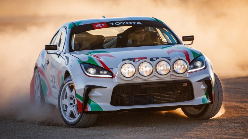 Toyota GR86 Rally Legacy Concept driving on sand.