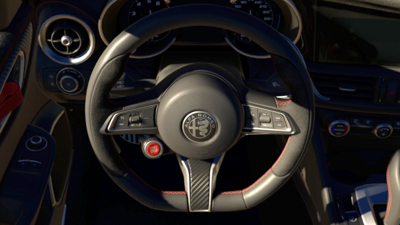 Steering wheel of an Alfa Romeo Giulia in Assetto Corsa Evo.