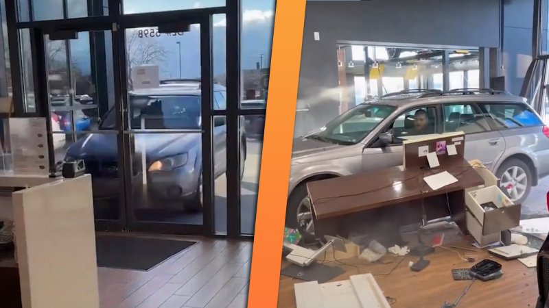 Side by side images of used Subaru being driven through Utah Mazda dealer showroom.