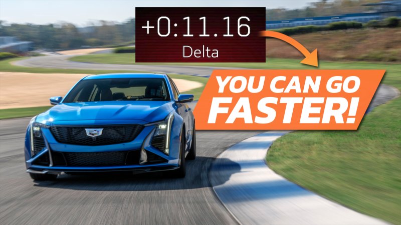 Cadillac CT5-V Blackwing on track with delta time from Performance Data Recorder superimposed and the message "You Can Go Faster!"