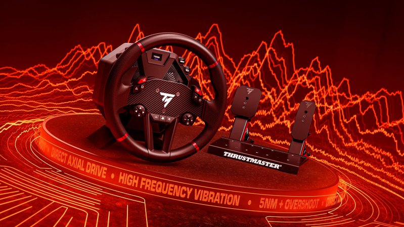 Product promotional shot of Thrustmaster T598 sim racing wheel and pedals.